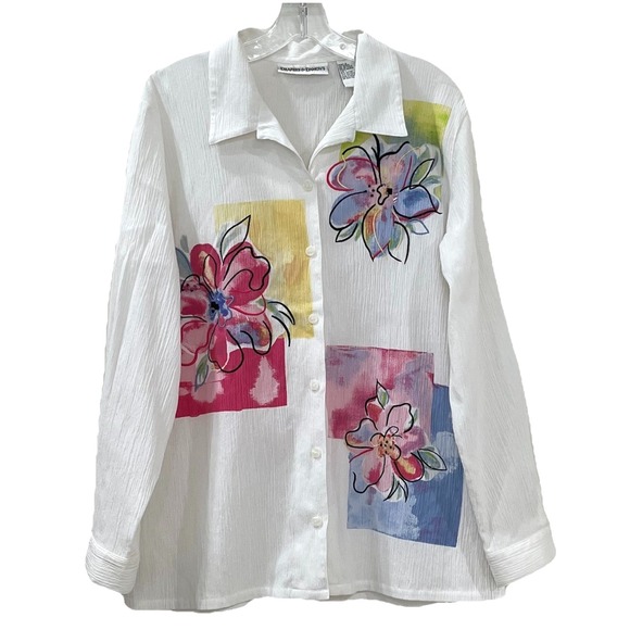 Drapers & Damons Womens Blouse L White Floral Crinkle Embroidery Beads See Notes - Picture 2 of 10